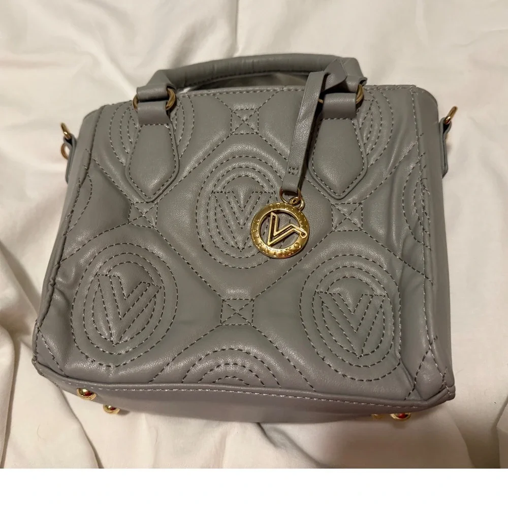 Valentino Orlandi Grey Quilted V-Logo Satchel Crossbody Bag Gold Hardware